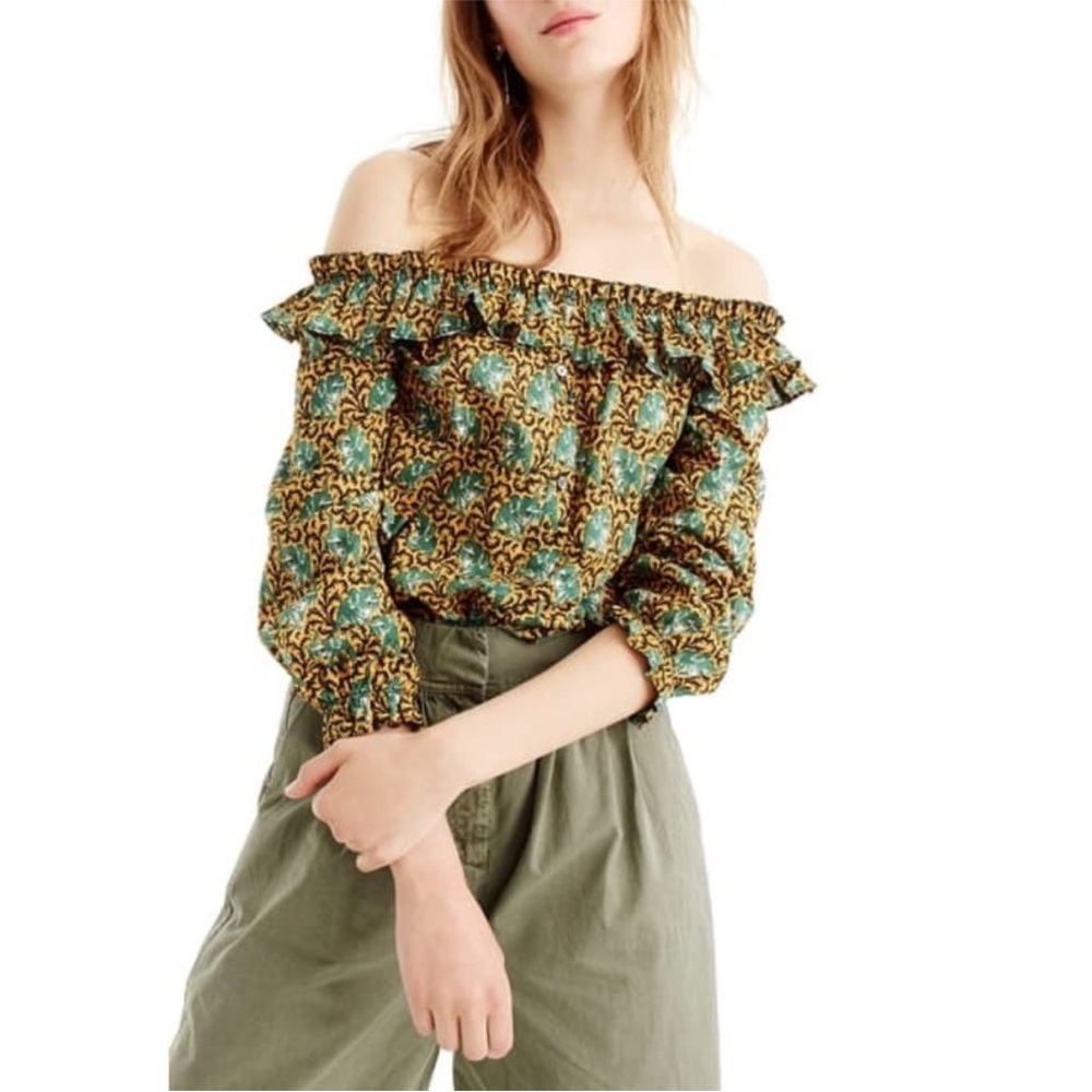 J. Crew Green and Yellow Off-Shoulder Blouse - Picture 2 of 4